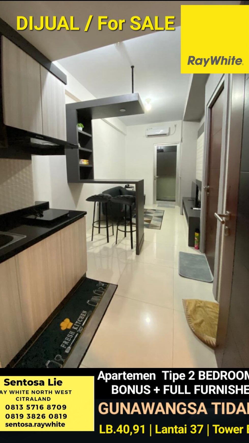 MURAH Dijual Apartemen Gunawangsa Tidar Tipe 2 Kamar tidur FULL Furnished New BARU Modern SURABAYA PUSAT KOTA