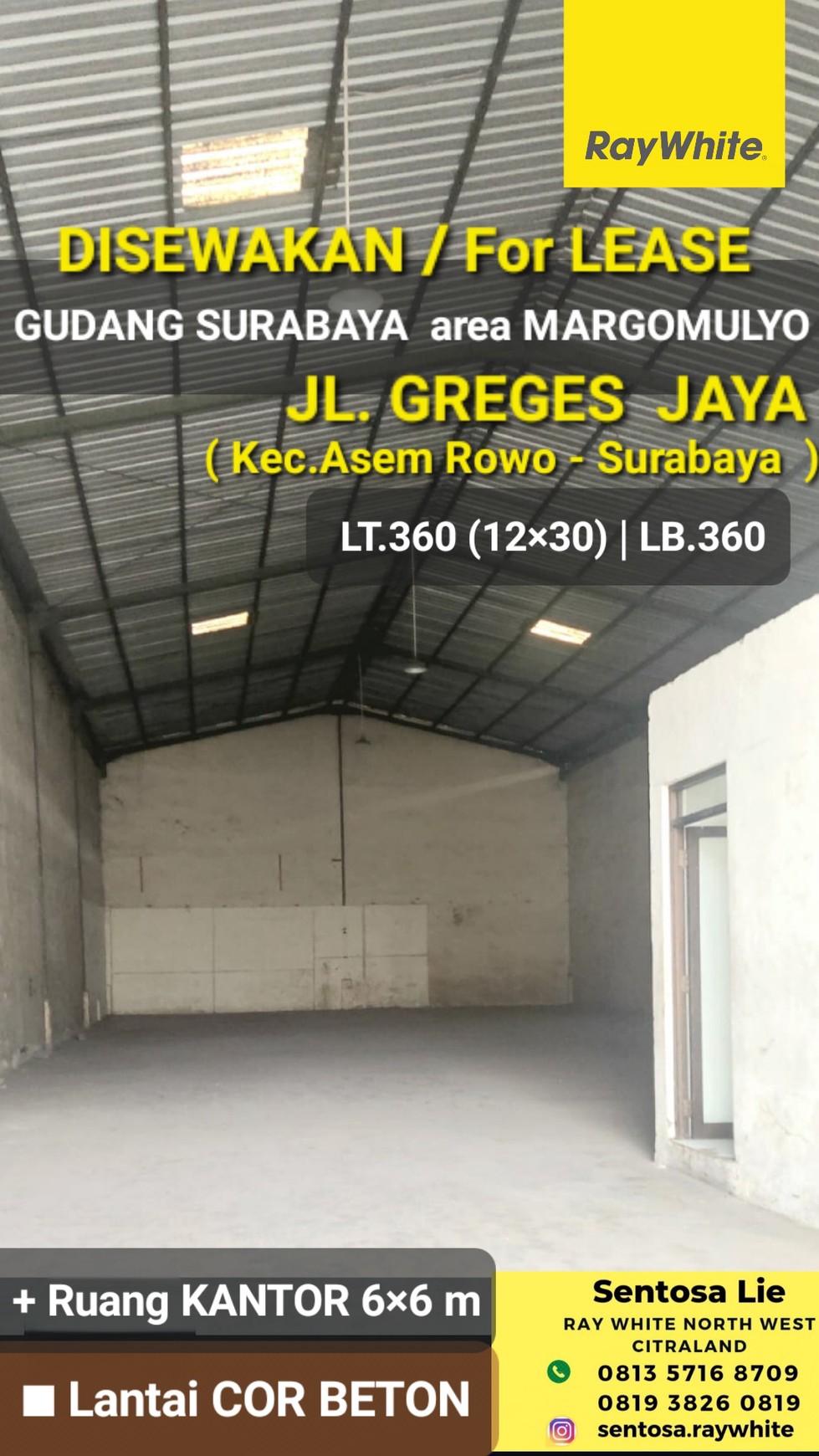 Disewakan 360 m2 Gudang Surabaya JL.Greges Jaya  - Asem Rowo - Margomulyo -Lantai COR BETON  plus Ruang KANTOR