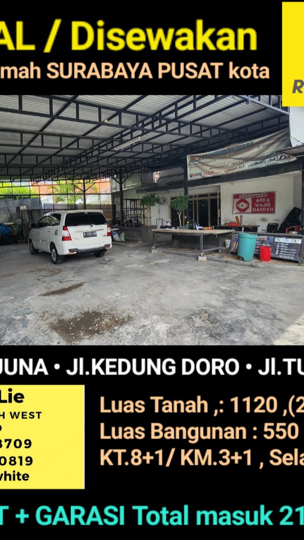 Dijual / Disewakan 1120 m2 Rumah Surabaya Pusat area Jalan Arjuna - Kedung Doro  - Garasi Carport 21 Mobil