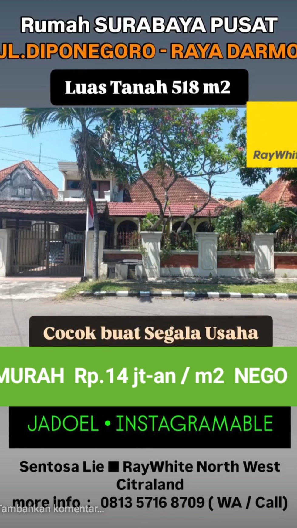 TerMURAH Rp.13jt-an/m2 Dijual Rumah Surabaya Pusat Jl.Barito Surabaya Pusat -Jadoel Instagramable Cocok Buat Segala Usaha dekat Jalan Diponegoro - Raya Darmo - Row Jalan LEBAR 5 Mobil - Parkiran LUAS