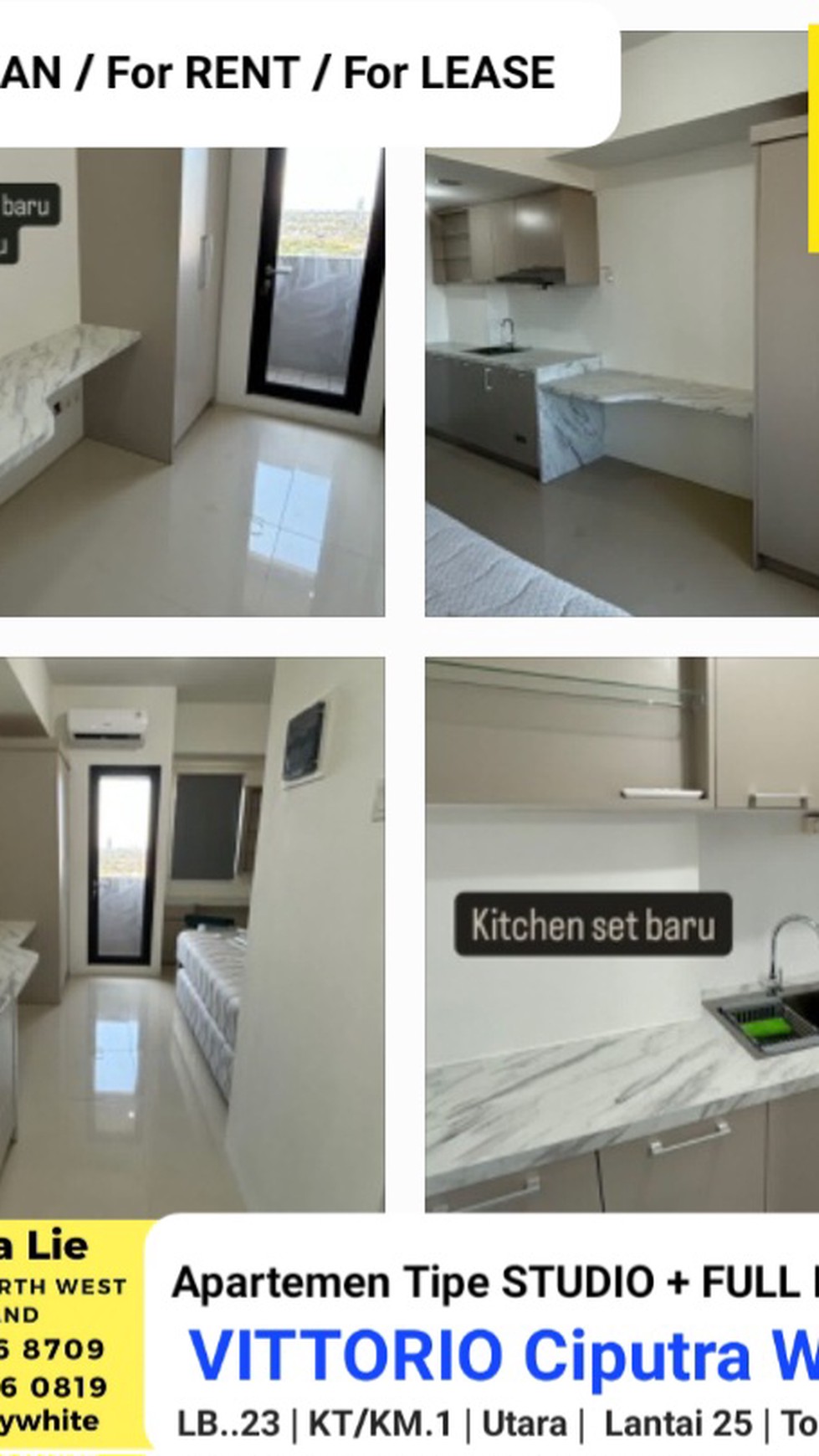 Disewakan Apartemen Vittorio Ciputra Wiyung Tipe STUDIO Full Furnished New Baru Dekat Pakuwon Mall, Akses TOL Gunung Sari