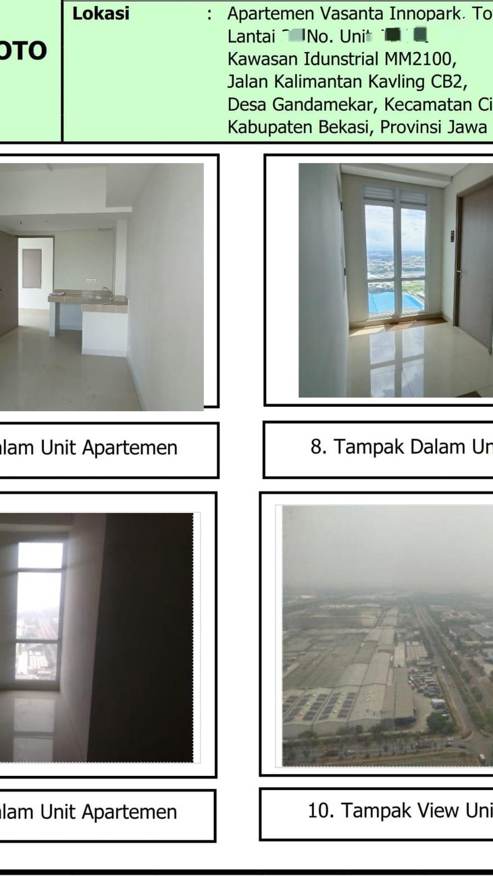 Unit Apartemen Vasanta Innopark Cibitung