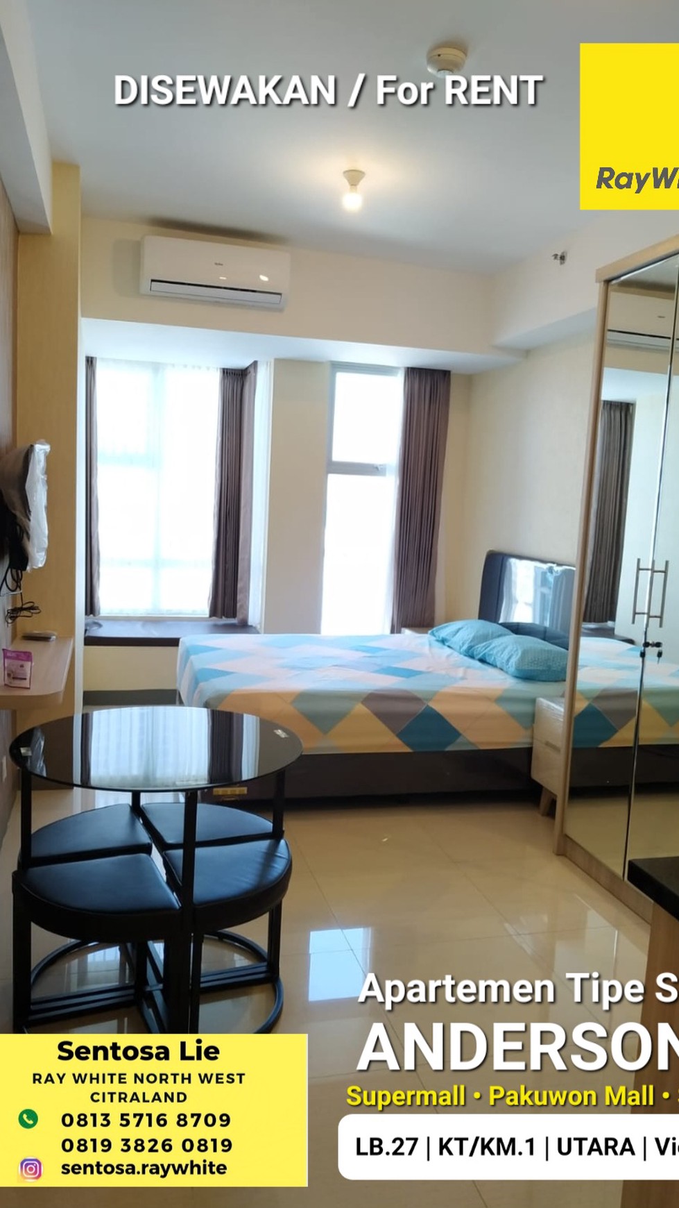 Disewakan Apartemen Anderson Pakuwon Mall Tipe STUDIO Full Furnished- Hadap Utara -  View Kota 