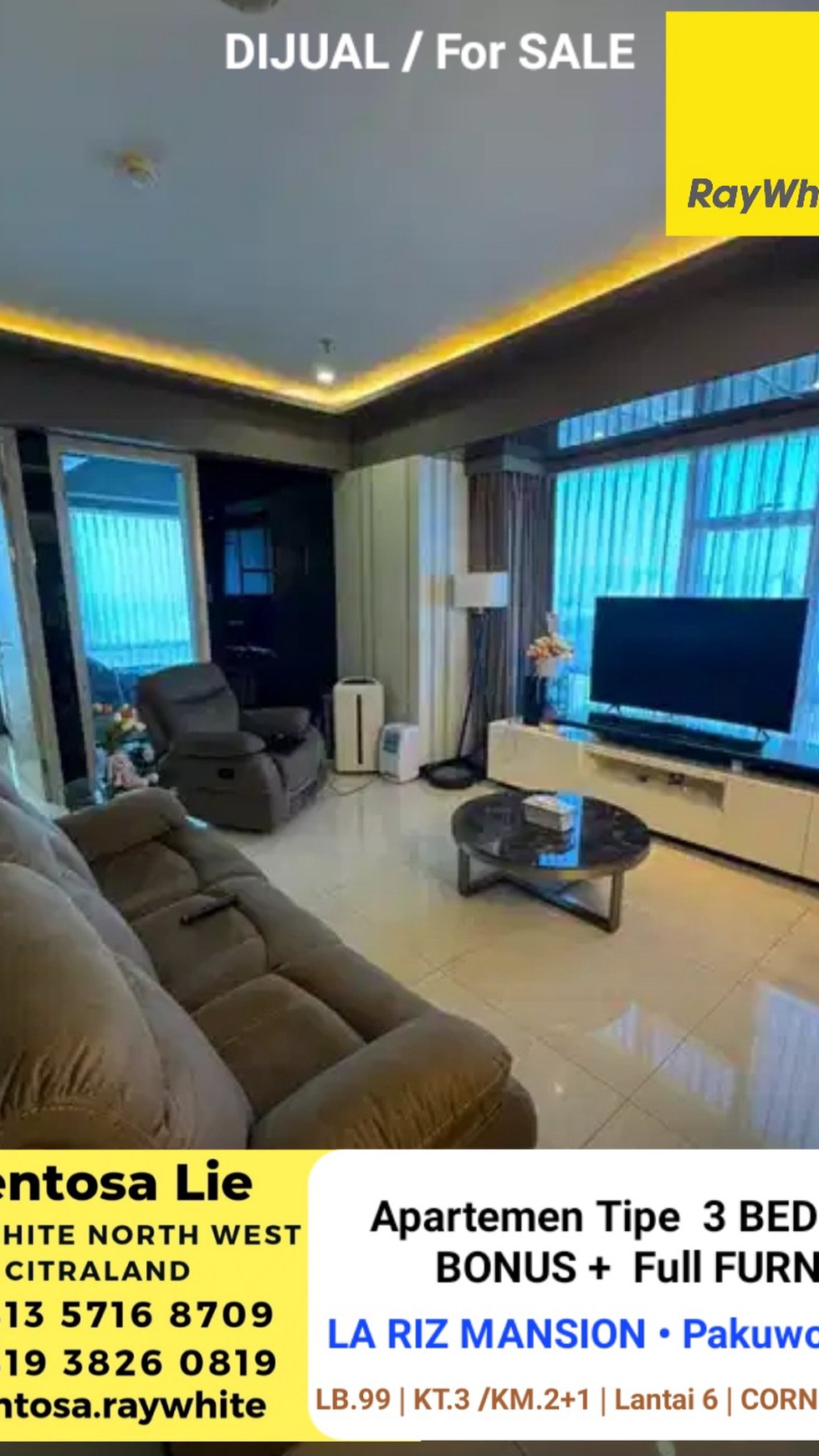 MURAH Dijual Apartemen La Riz Mansion 3 BEDROOM Pakuwon Mall FULL FURNISHED - SPESIAL PRIVATE Lift - CORNER unit DOUBLE View