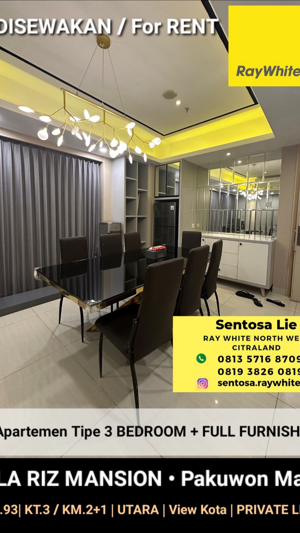 Disewakan Apartemen La Riz Mansion Pakuwon Mall 3 Kamar Tidur FULL Furnished + PRIVATE Lift Akses Pakuwon Mall