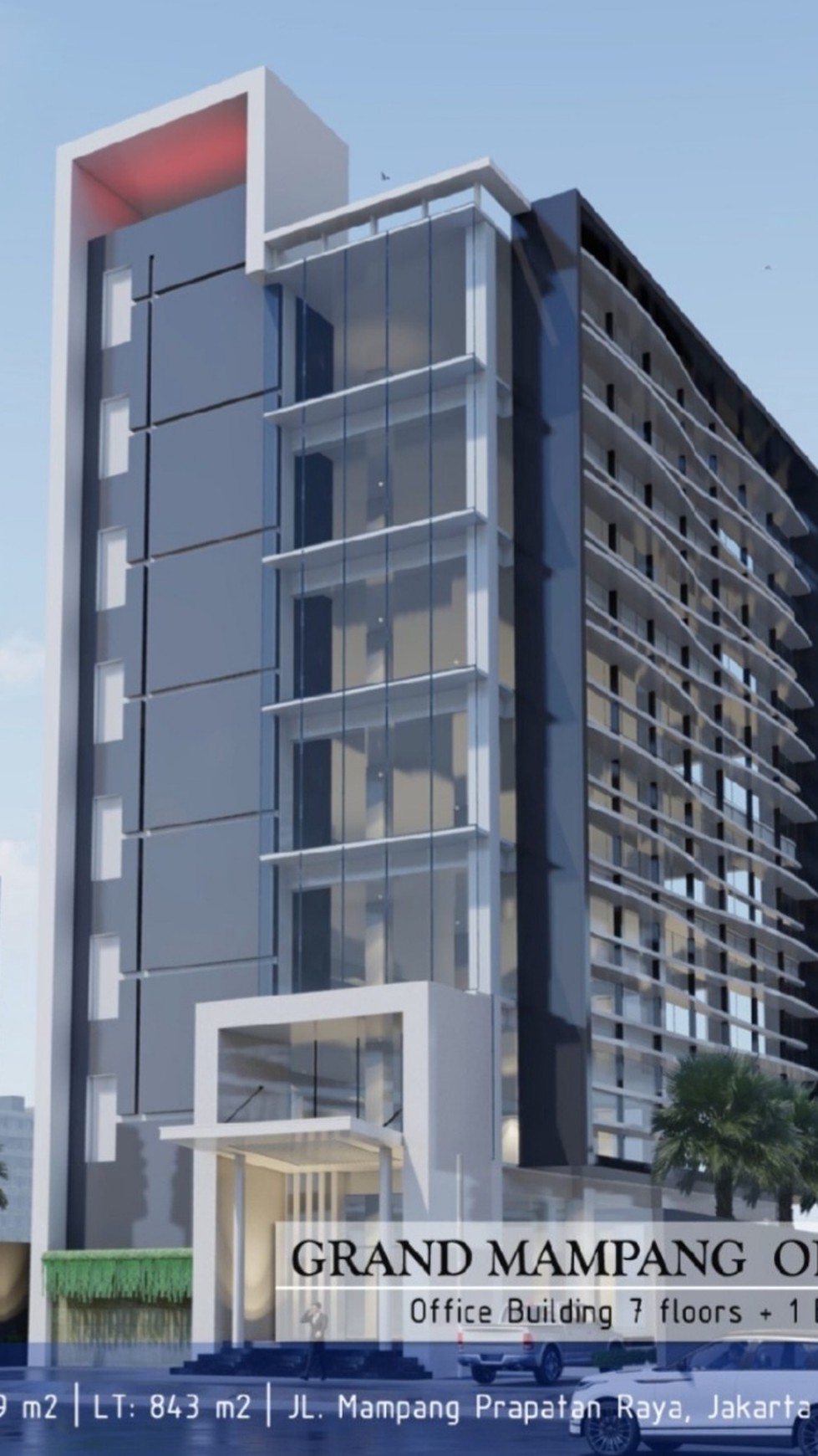 Gedung 8 lantai brand new, rapih, siap pakai  di Mampang Prapatan Raya, LT 843m2. Dilengkapi lift, genset, fire protection system