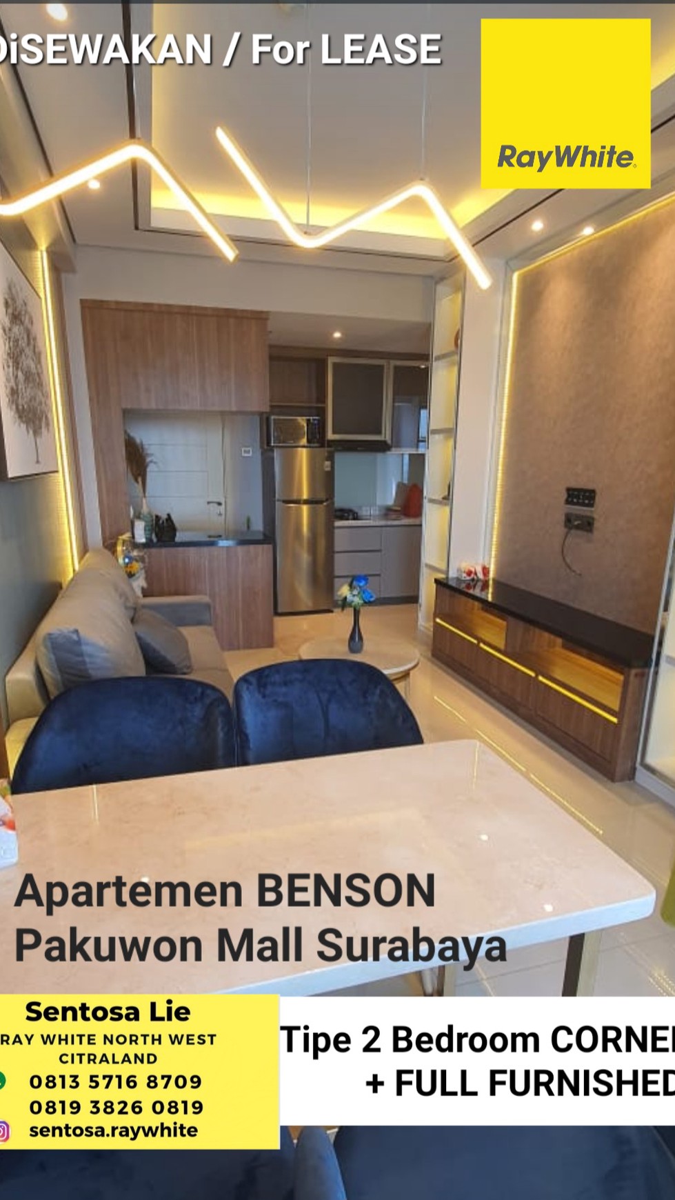 Disewakan Apartemen Benson Pakuwon Mall Tipe 2 Bedroom Corner Full Furnished Modern Mewah Lantai.33 Corner Plus Balkony