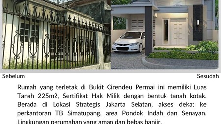 Rumah Bukit Cireundeu Permai, 225 m2, tenang, bebas banjir, 5 menit ke MRT Lebak Bulus, 10 menit ke PIM