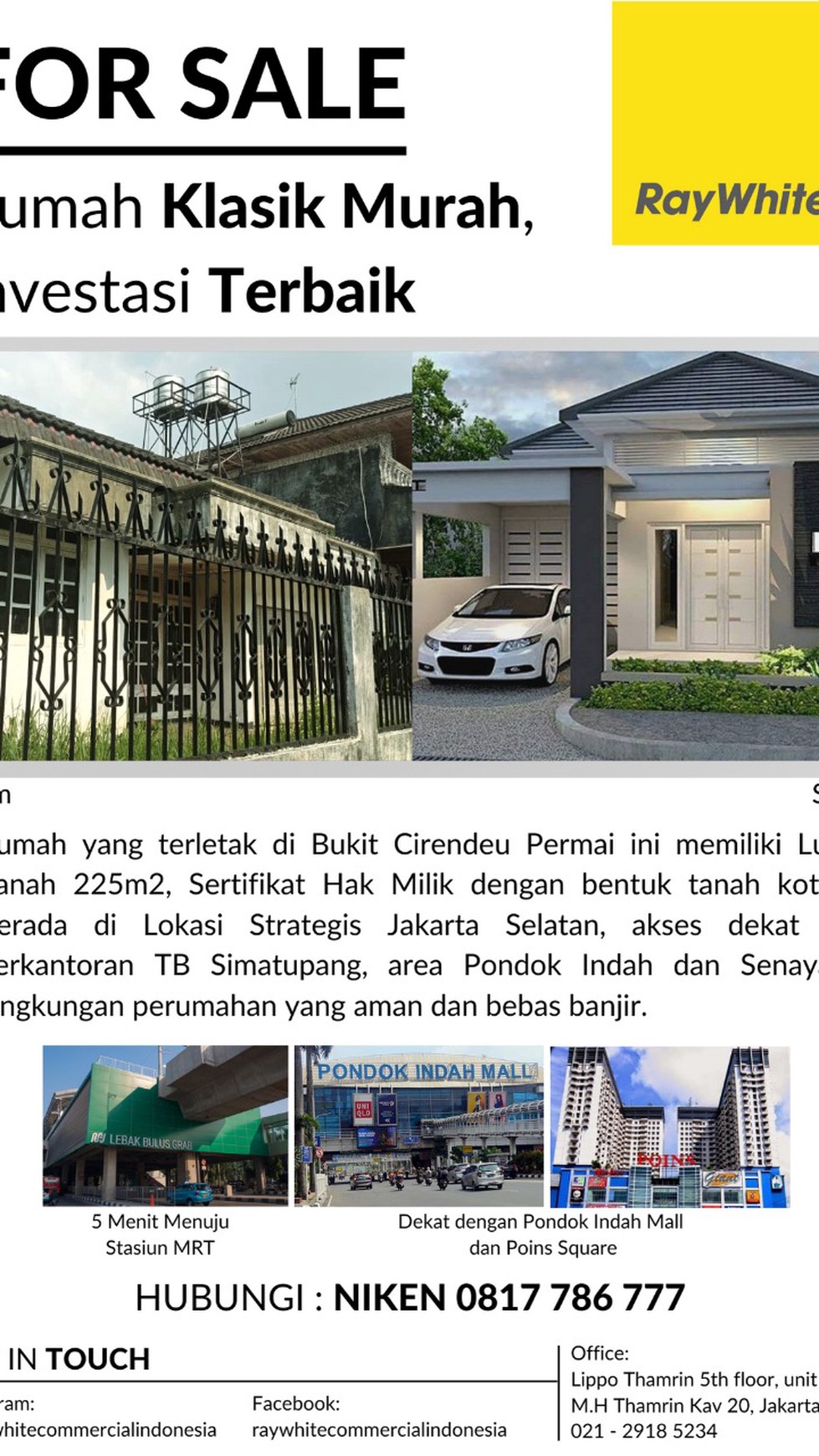 Rumah Bukit Cireundeu Permai, 225 m2, tenang, bebas banjir, 5 menit ke MRT Lebak Bulus, 10 menit ke PIM