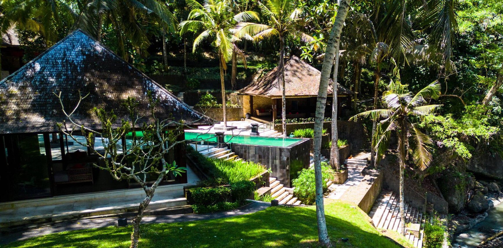 For Sale Freehold and Leasehold beautiful estate villa overlooks a tropical river and surrounded by rice fields and lush jungle close to Canggu , Bali