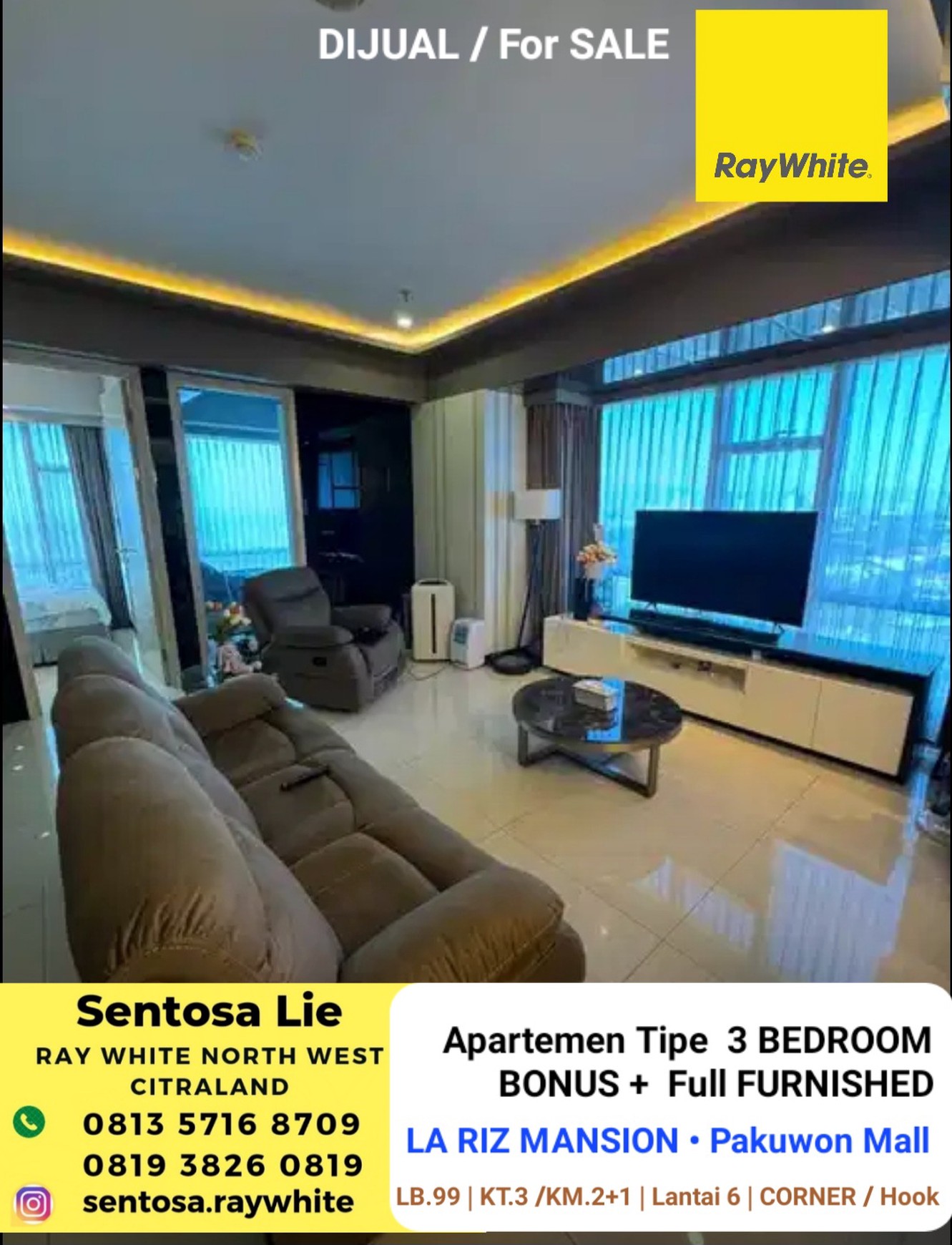 Dijual /Disewakan Apartemen La Riz Mansion Pakuwon Mall Tipe 3 Bedroom FULL FURNISHED Modern Mewah