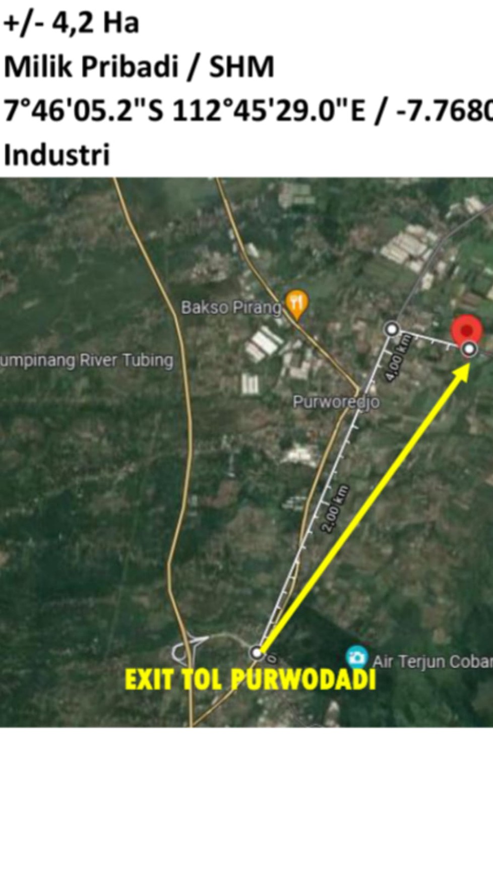 Jual Cepat tanah industri area pandaan luas 4,2 ha dekat akses tol purwodadi