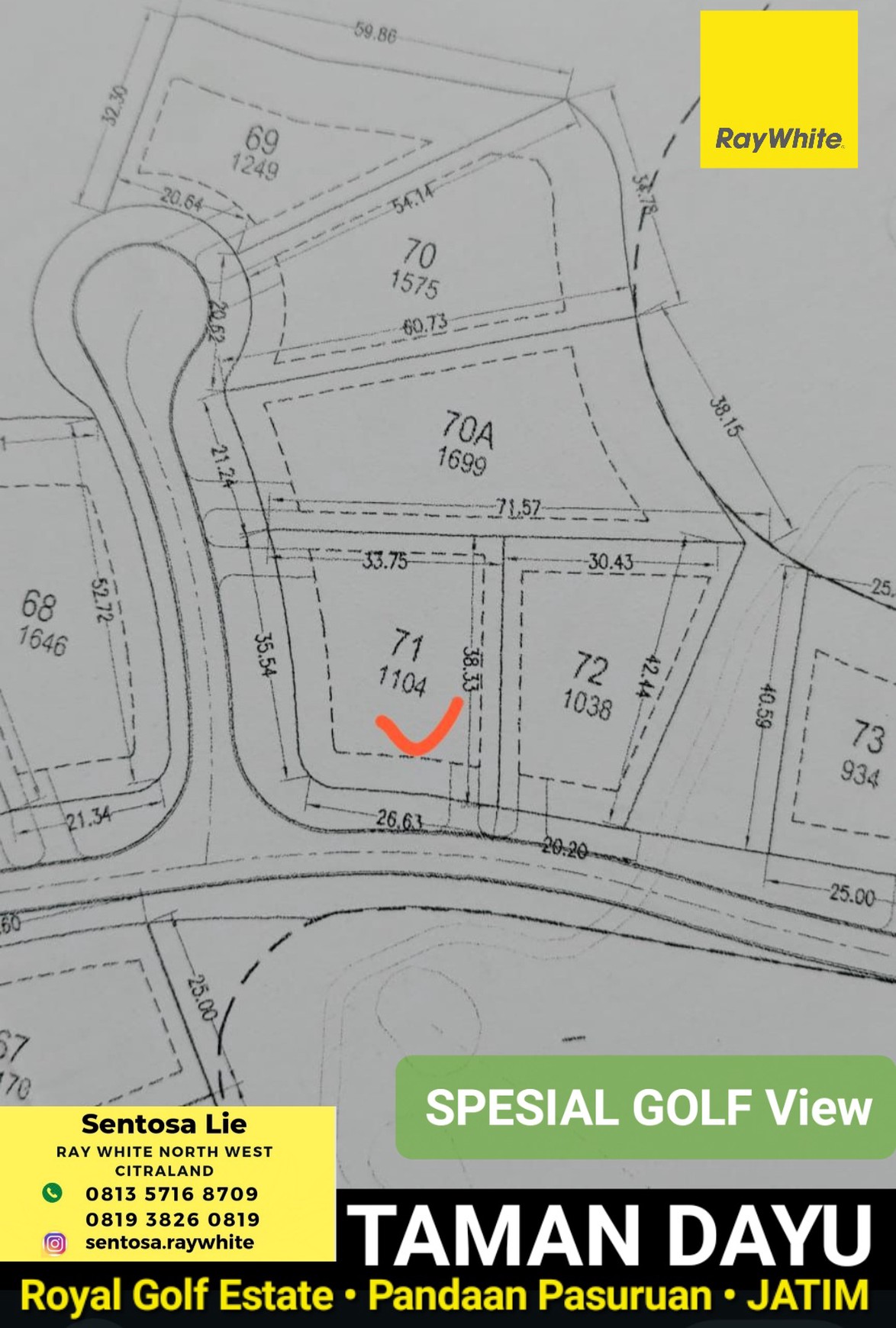 Dijual 1104 M2 Tanah Kavling The Taman Dayu - Royal Golf Estate- Pandaan Jatim - Spesial Golf View - Dekat Akses Tol