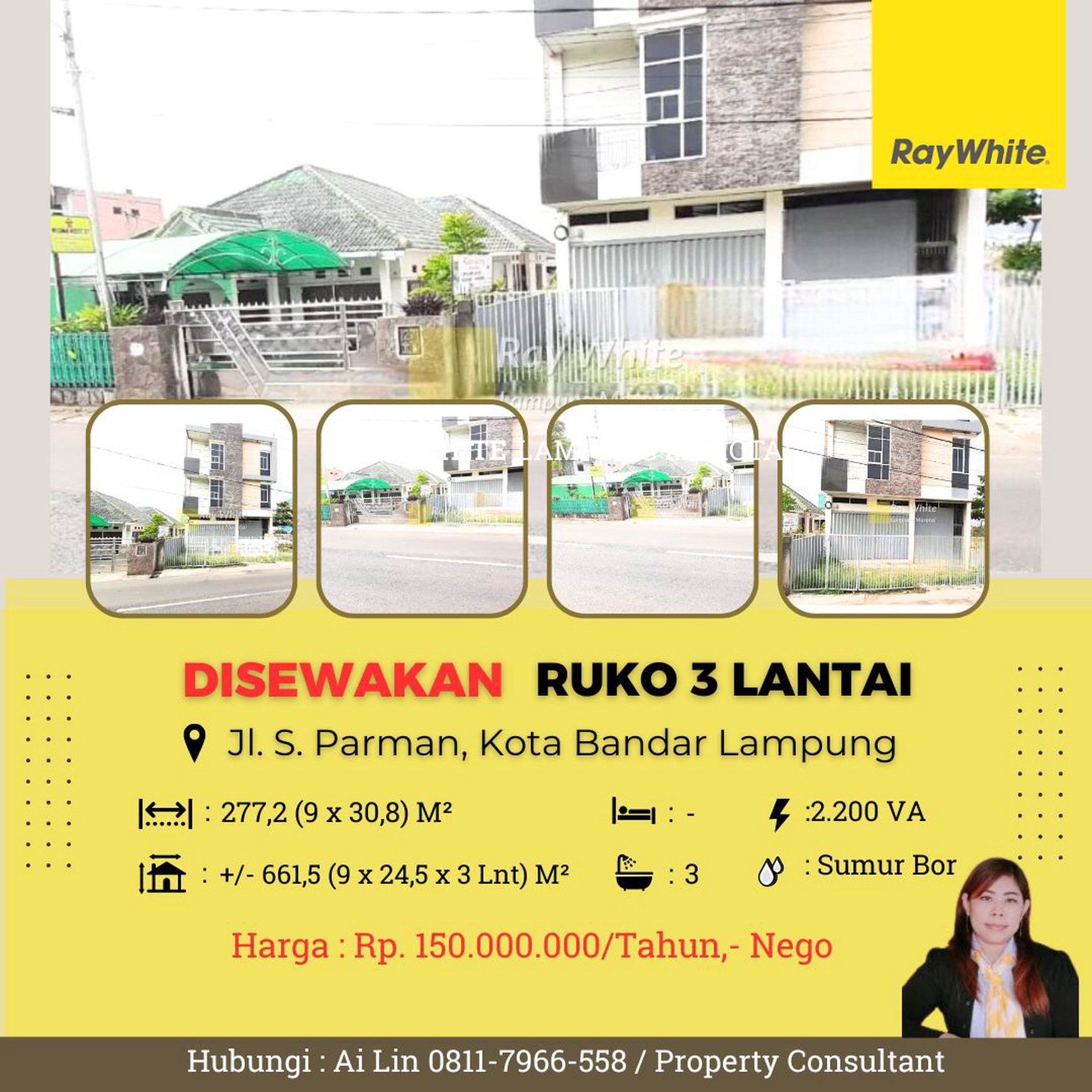 Disewakan ruko 3 lantai di tanjung karang pusat