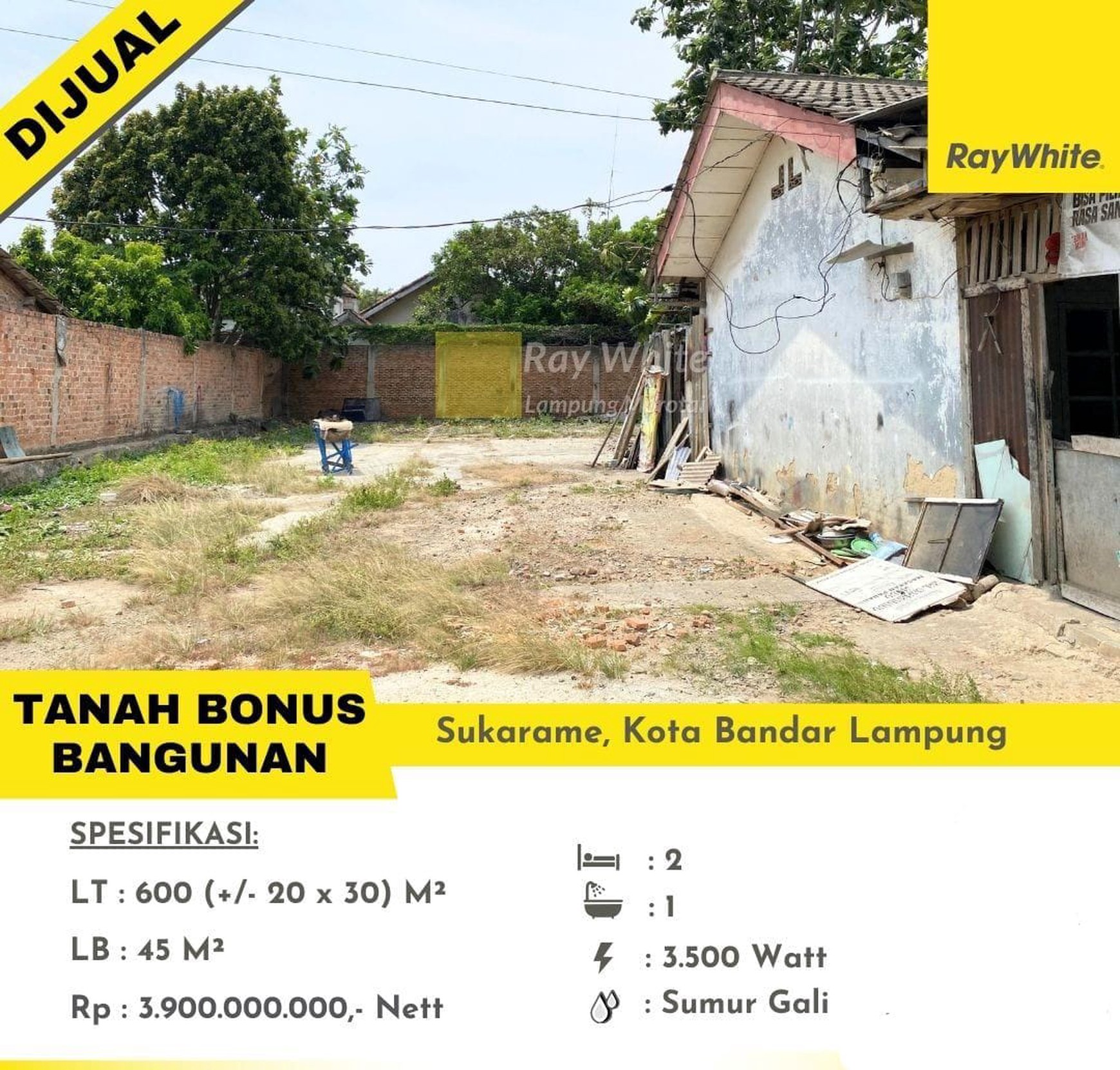 Dijual tanah bonus bangunan di sukarame