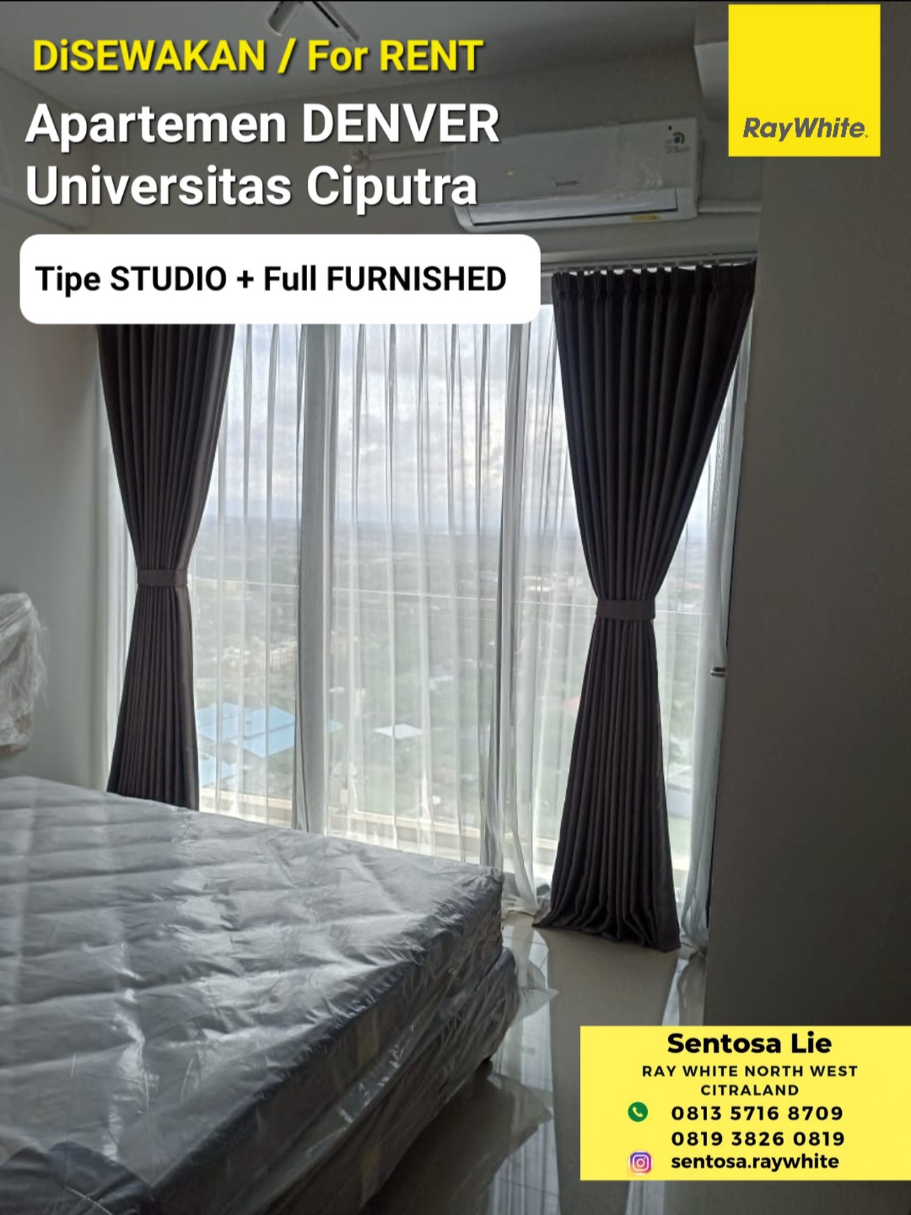 Murah Disewakan Apartemen Denver Universitas Ciputra Tipe Studio Full Furnished Modern Lantai 32 Best City View Siap Huni