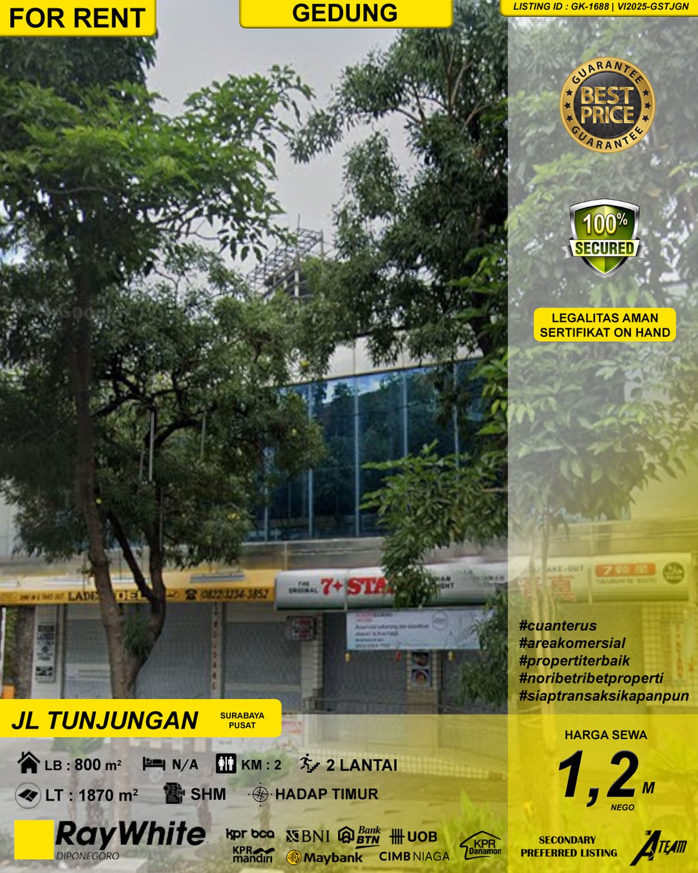 DISEWAKAN GEDUNG + TANAH KOMERSIAL JL TUNJUNGAN PUSAT KOTA SURABAYA