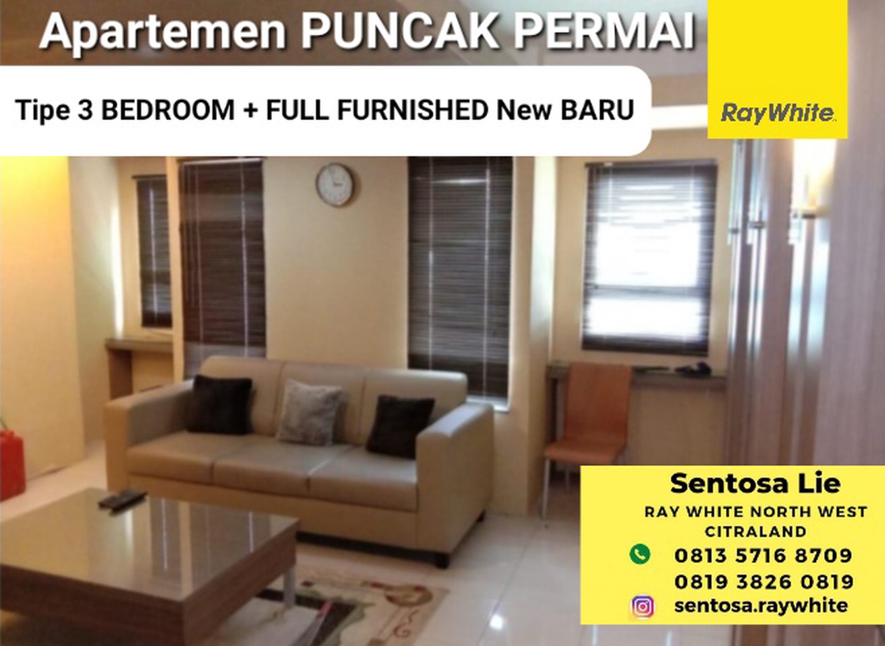 Murah Dijual Apartemen Puncak Permai 3 Bedroom Bonus Full Furnished New Baru Modern - Lantai 12 - Tower A Dekat Pakuwon Mall, Hr. Muhammad, Tol Satelit