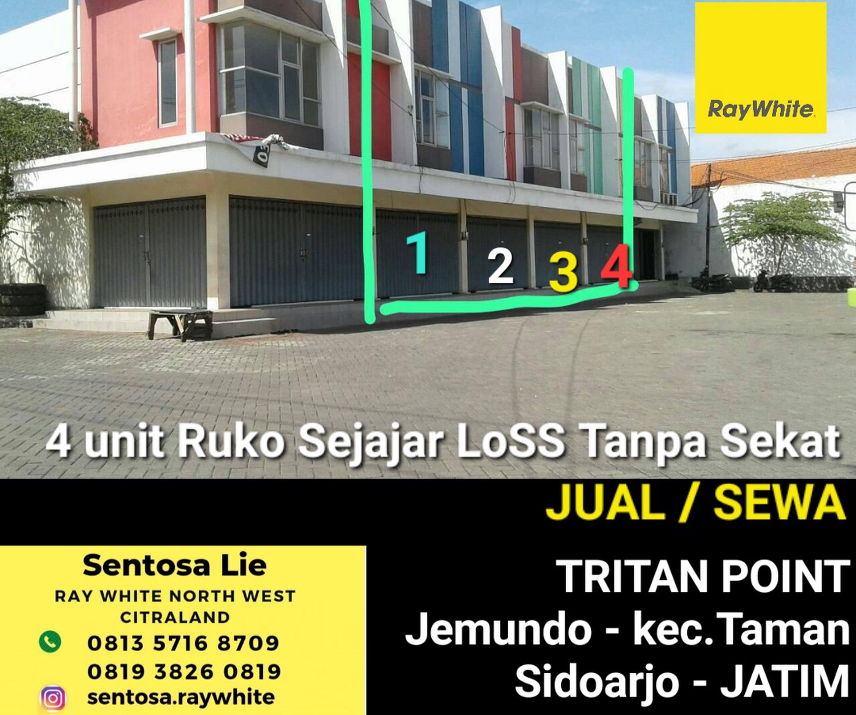 Disewakan 4 jejer Ruko Tritan Point - Taman Kletek - Sawunggaling Jemundo Sidoarjo - Parkiran Mobil Luas