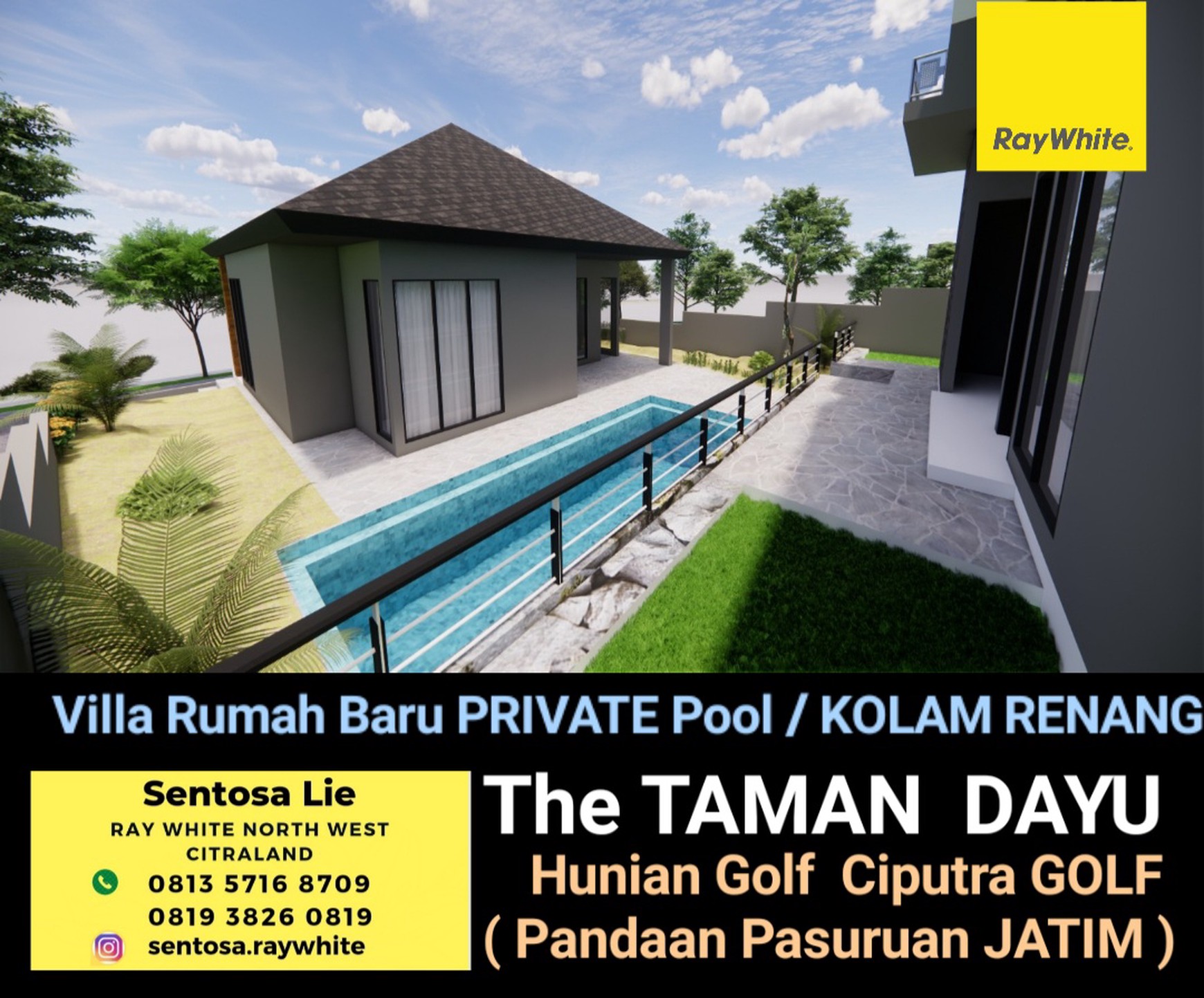 Murah Dijual 437 m2 Private Pool Rumah Villa The Taman Dayu Pandaan Jatim - New Baru Modern Ada Kolam Renang Pribadi Dekat Lapangan Golf Taman Dayu - Ciputra Golf - Dekat Akses Tol