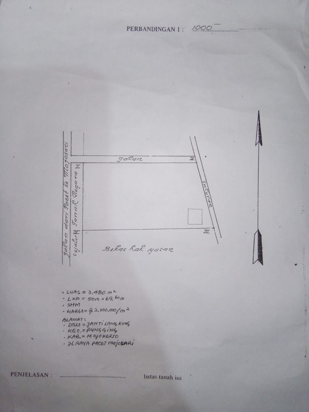 Murah Dijual 3480 M2 Tanah Industri Nol Jalan Raya Pacet - Mojosari - Jawa Timur Cocok Buat Segala Usaha - Surat Shm