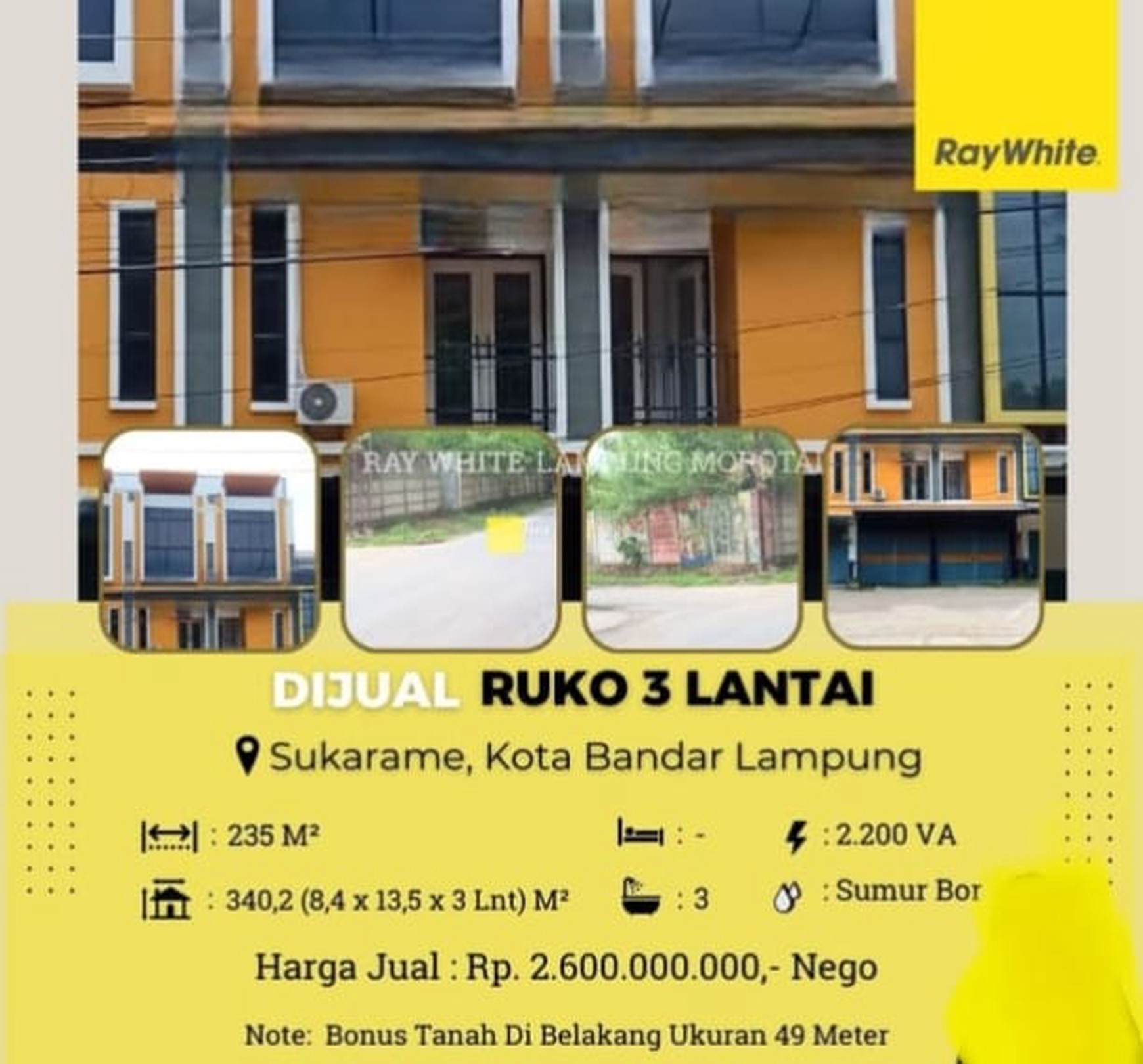Dijual ruko 3 lantai di sukarame