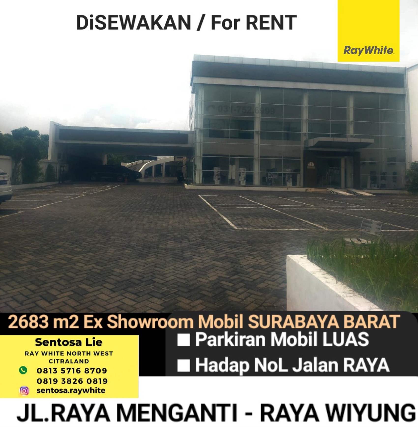 Disewakan Ex Showroom Mobil Surabaya Barat Jalan Raya Menganti - Lakarsantri - Wiyung - Nol Jalan Raya - Parkiran Mobil Luas dekat Pakuwon Mall, Citraland , Wisata Bukit Mas 