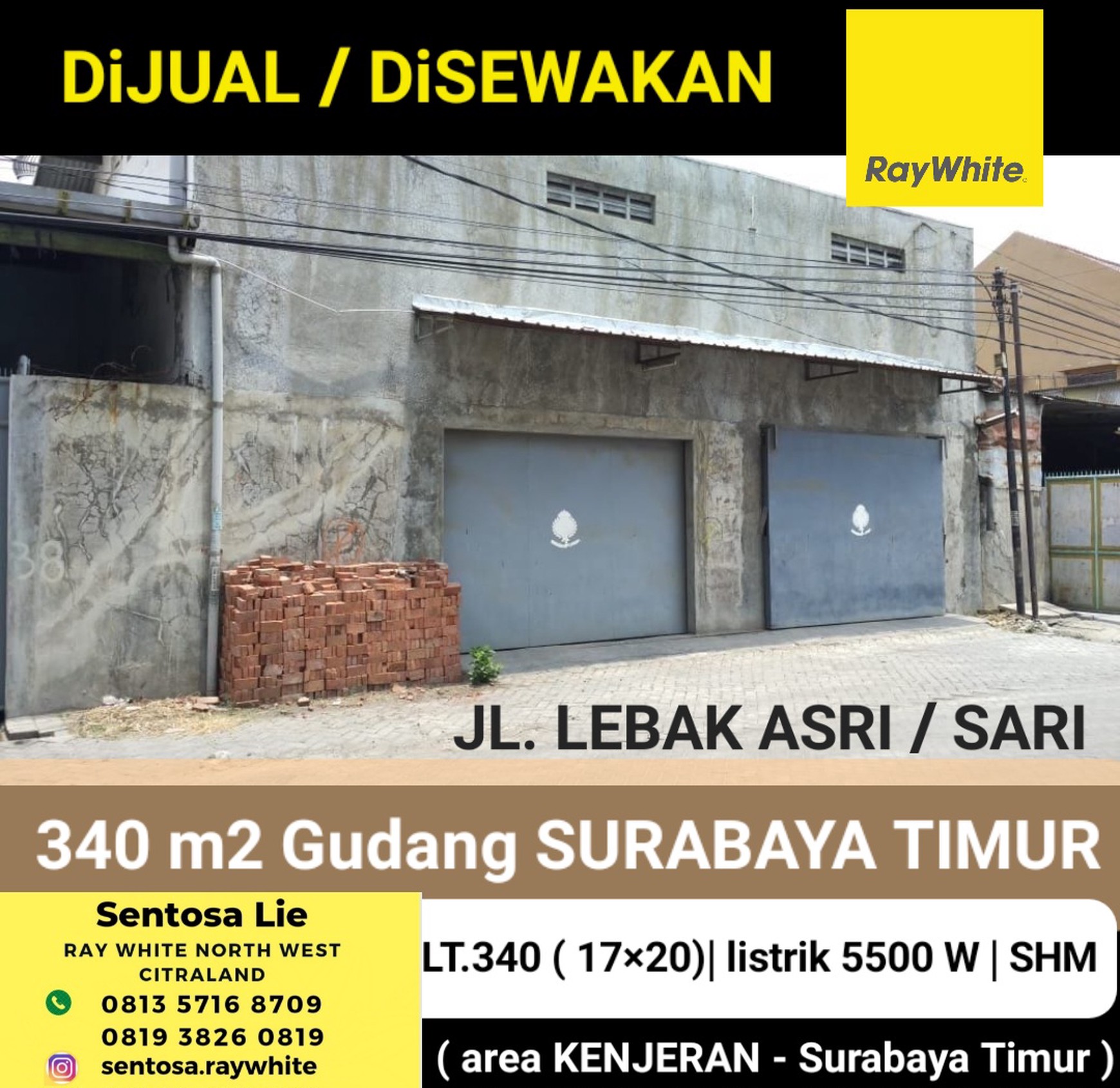 Dijual / Disewakan 340 M2 Gudang Lebak Asri - Lebak Sari - Gading Pantai - Kenjeran - Surabaya Timur
