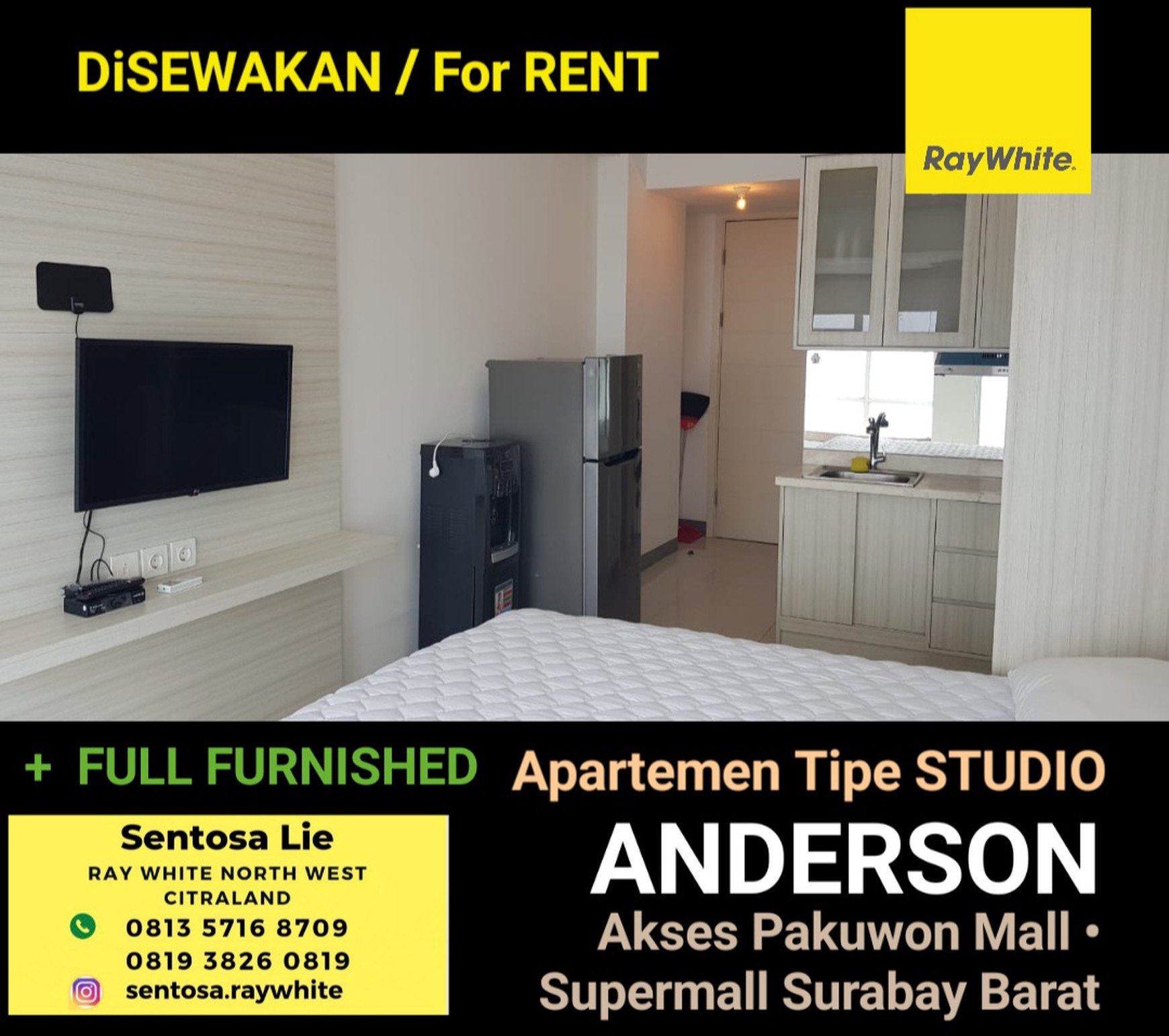 Murah Disewakan Apartemen Anderson Tipe Studio Full Furnished Modern - Lantai 29 - Akses Pakuwon Mall, Ptc, Supermall