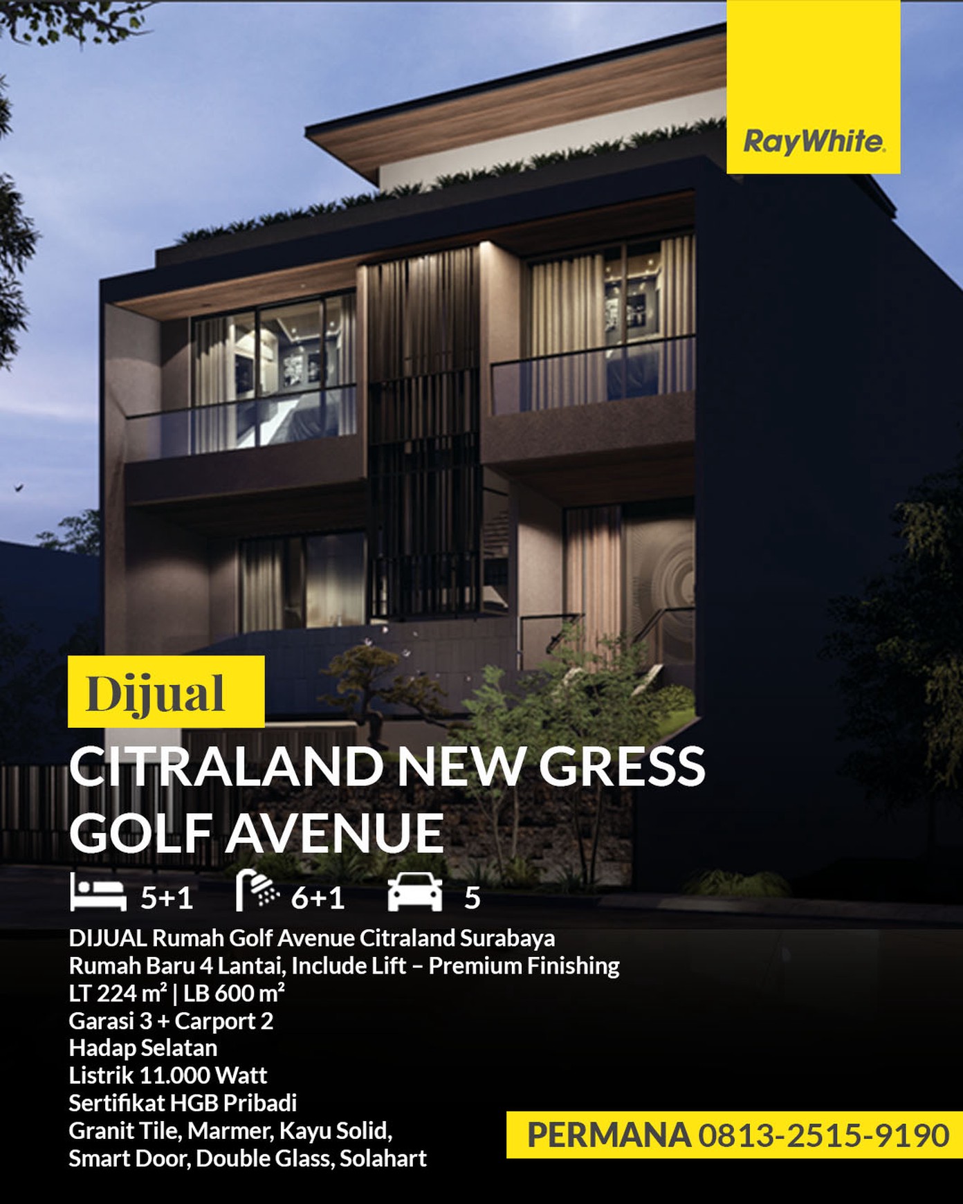 DIJUAL Rumah Golf Avenue Citraland Surabaya Rumah Baru 4 Lantai, Include Lift Premium Finishing