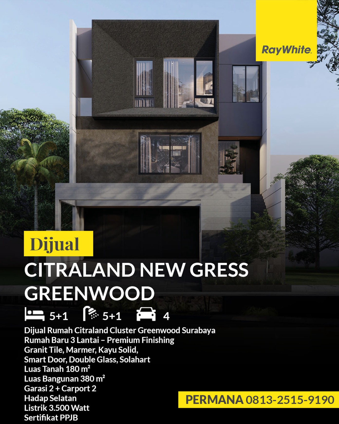 Dijual Rumah Citraland Cluster Greenwood Surabaya 3 Lantai Premium Finishing