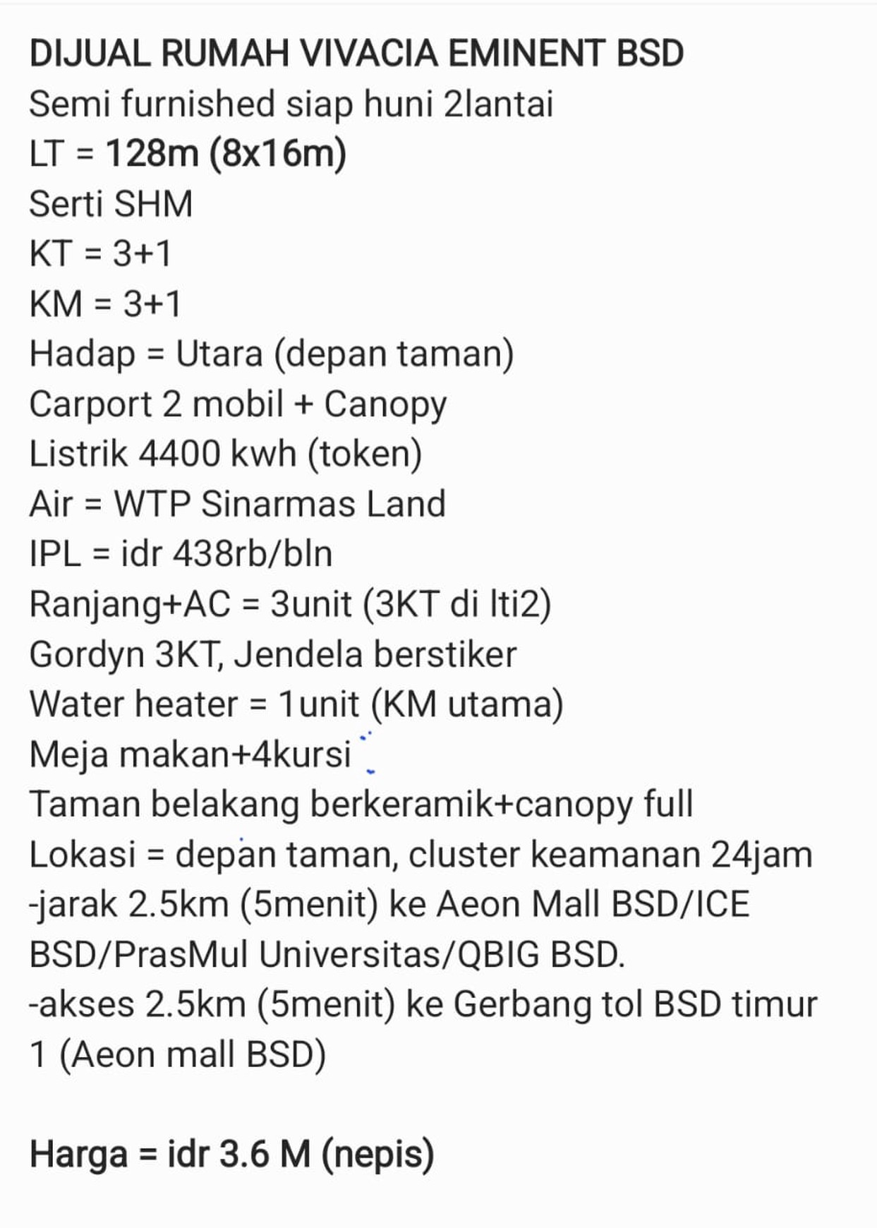 Dijual Rumah di Kawasan Vivacia BSD Lokasi Dekat dengan Universitas Prasetya Mulya