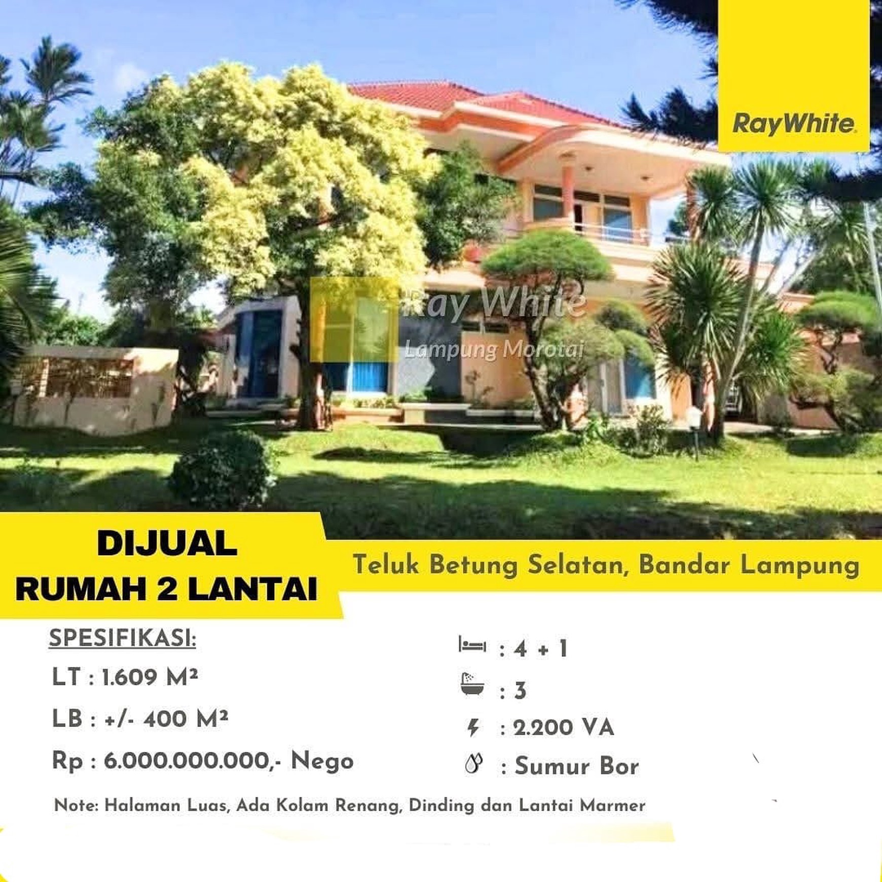 dijual rumah mewah memiliki kolam renang di teluk betung selatan