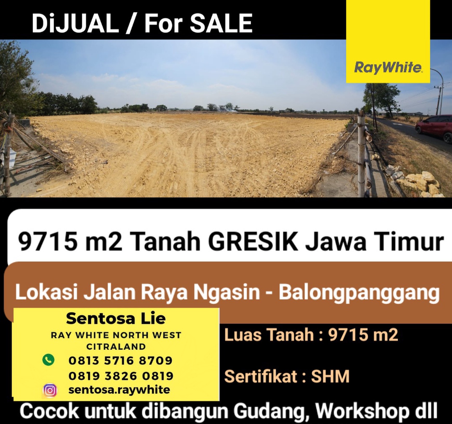 Murah Dijual 9715 m2 Tanah Kavling Jalan Raya Ngasin - Balongpanggang - Gresik - Jawa Timur - Shm - Cocok Buat Gudang, Workshop Dll