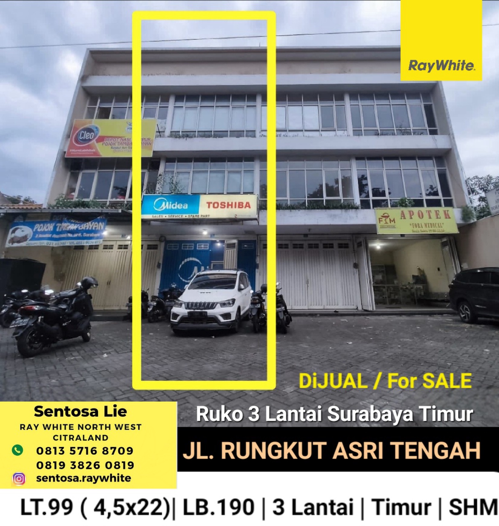 Dijual Ruko Rungkut Asri Tengah - Rungkut Kidul - Surabaya Timur -  Strategis Samping Depot Nasi Tambak Bayan - Parkiran Mobil Luas -  surat SHM