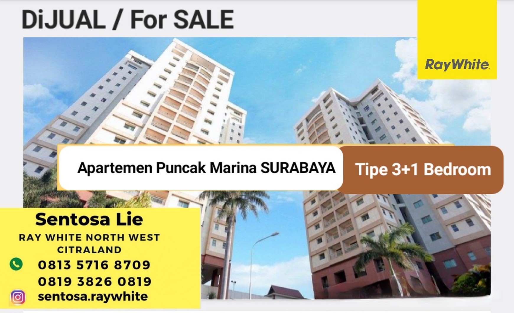 Dijual Apartemen Puncak Marina Tipe 3+1 Bedroom - Tower 1 - Kosongan Plus Balkony Akses Plaza Marina 