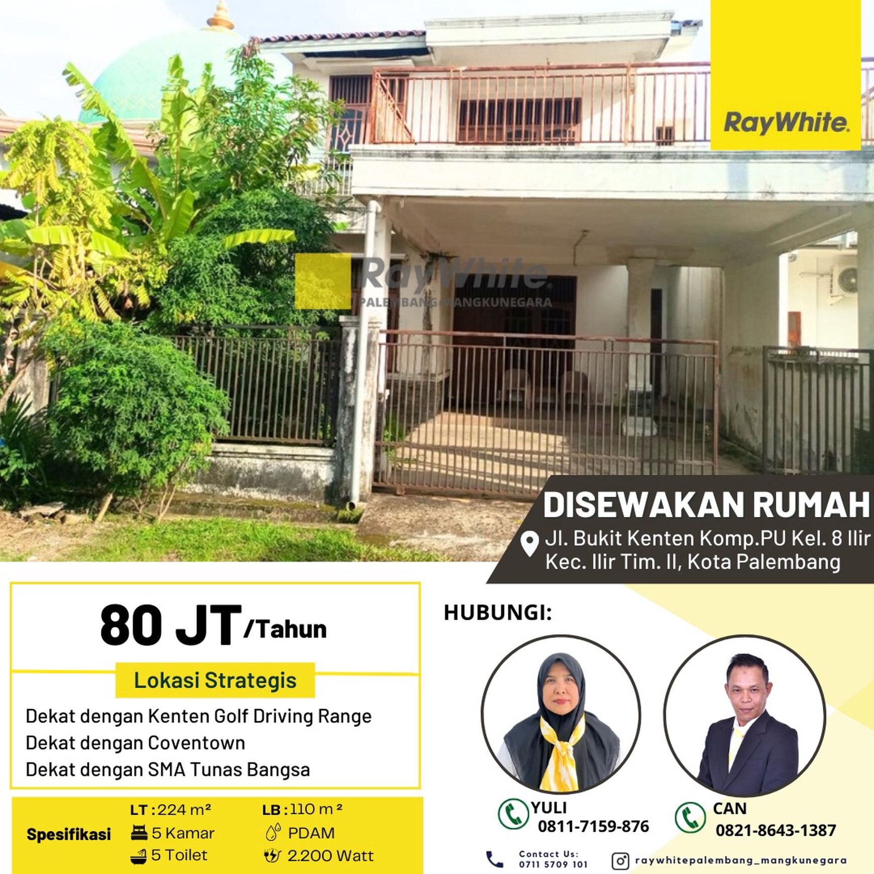 DISEWAKAN Rumah di Jl. Bukit Kenten Komp.PU Kel. 8 Ilir Kec. Ilir Tim. II, Kota Palembang