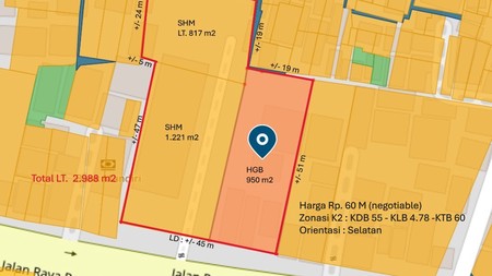 Tanah Komersial Luas 2988m2 Berikut Bangunan Ruko Area Pasar Minggu