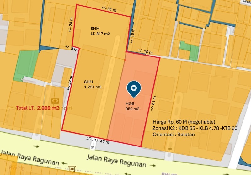 Tanah Komersial Luas 2988m2 Berikut Bangunan Ruko Area Pasar Minggu