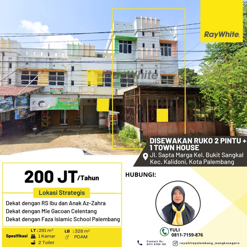 Disewakan Ruko 2 Pintu + 1 Town House di Jl. Sapta Marga Kel. Bukit Sangkal Kec. Kalidoni, Kota Palembang