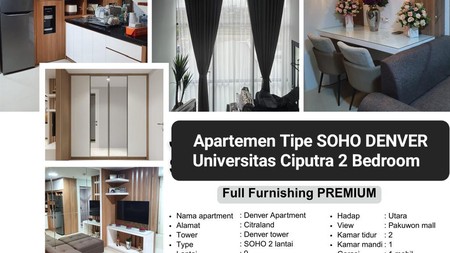 MURAH Dijual Apartemen Soho Denver Tipe 2 Bedroom Full Furnished Selangkah Universitas Ciputra , Citraland, Hokky Buah