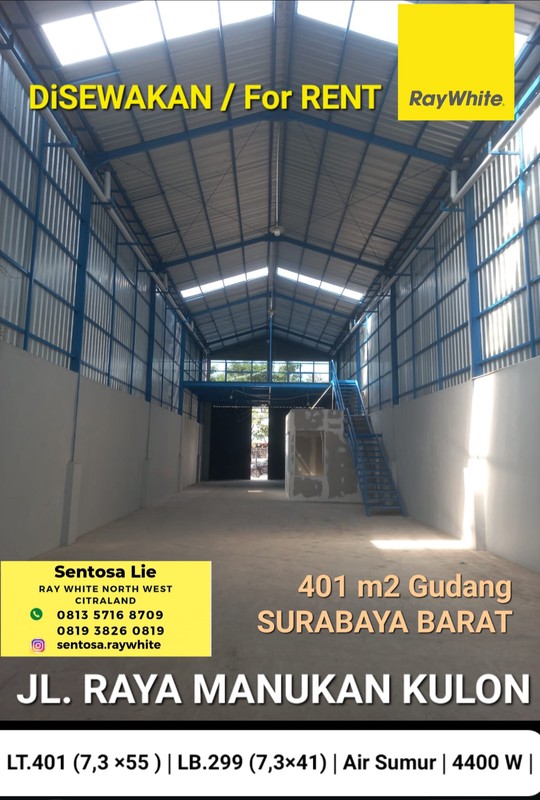 Disewakan 401 m2 Gudang Raya Manukan Kulon - Tandes - Surabaya Barat Plus Ada Ruang Kantor- Kondisi Baru Siap Pakai
