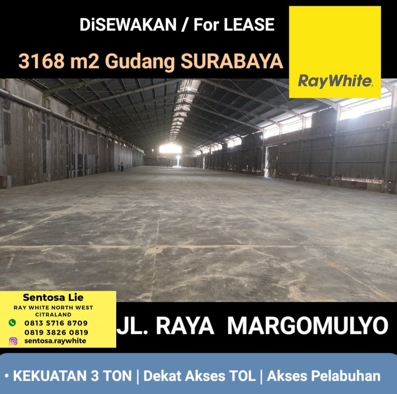 Disewakan 3168 m2 Gudang Raya Margomulyo - Kekuatan 3 Ton - Dekat Akses Tol , Akses Pelabuhan