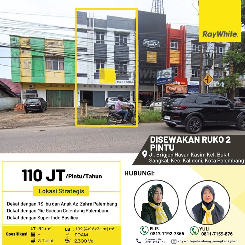 DISEWAKAN RUKO 2 PINTU 3 LANTAI Jl. Brigjen Hasan Kasim Kel. Bukit Sangkal, Kec. Kalidoni, Kota Pale