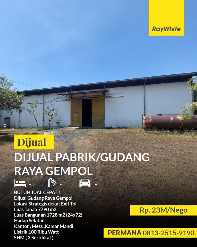 Dijual Pabrik / Gudang Ex Pabrik Raya Gempol Lokasi Strategis Dekat Exit Tol