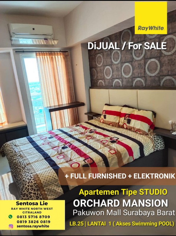 Dijual Apartemen Orchard Mansion Tipe Studio Full Furnished Plus Elektronik - Lantai 1 ( Akses Swimming Pool ) - View Kota - Akses Pakuwon Mall