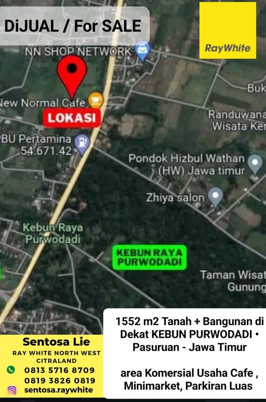 Dijual 1552 m2 Tanah dan Bangunan Usaha Minimarket Cafe Komersial dekat Kebun Raya Purwodadi - Pasuruan - Jawa Timur - Tanah Berpaving FULL - cocok buat Segala Usaha - Parkiran Luas - SHM