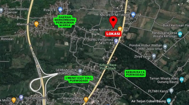 Dijual 1552 m2 Tanah dan Bangunan Usaha Minimarket Cafe Komersial dekat Kebun Raya Purwodadi - Pasuruan - Jawa Timur - Tanah Berpaving FULL - cocok buat Segala Usaha - Parkiran Luas - SHM