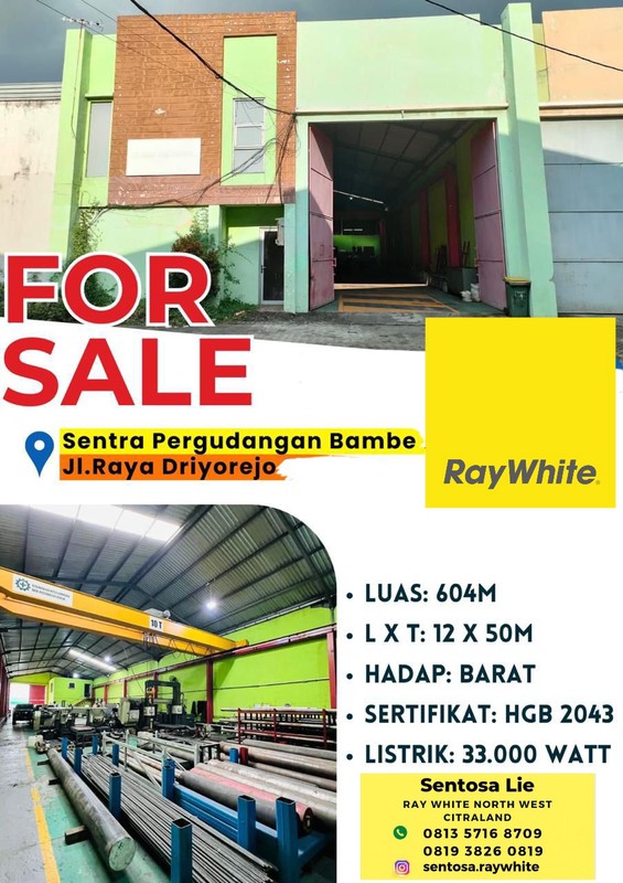 Dijual 604 m2 Gudang Sentra Pergudangan Bambe - Driyorejo - Gresik Jawa Timur Akses Kontainer 40 Feet Strategis Dekat Tol Sumo, Tol Driyorejo-2 , Tol Karangpilang