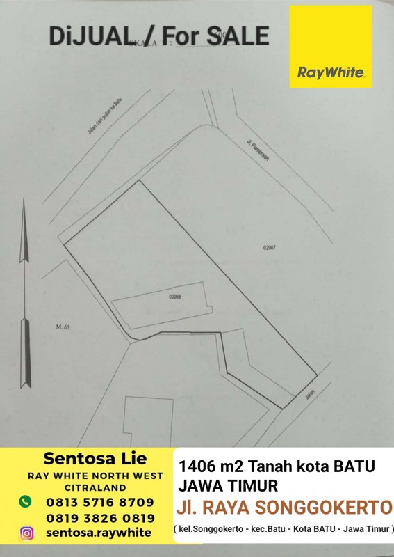 Dijual 1406 m2 Tanah Kavling Raya Songgokerto - Kota Batu Jawa Timur Strategis Lokasi Dekat Villa, Hotel , Resort Songgoriti , Pemandian Tirta Nirwana Songgoriti 